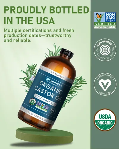 Miniatura 2 de Florisan Aceite de ricino orgánico certificado por USDA, botella de vidrio de 16 onzas, prensado en frío, sin hexano, sin OMG, vegano, 100% puro