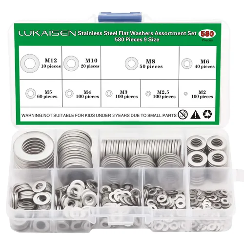 Miniatura 8 de Juego de 230 arandelas planas grandes, kit surtido de arandelas planas de acero inoxidable 304, 15 tamaños M3/M4/M5/M6/M8/M10/M12, arandelas Plateado