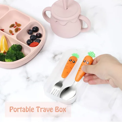 Miniatura 2 de Ginbear Utensilios para niños pequeños con estuche, cucharas y tenedores no tóxicos para niños a partir de 18 meses, bonito juego de cubiertos