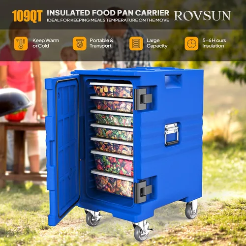 Miniatura 2 de ROVSUN Caja Calentadora de Alimentos, Porta Comida Aislada con Ruedas Bloqueables Dobles Hebilla y Asas, Cajas Calientes Apilables para Restaurante