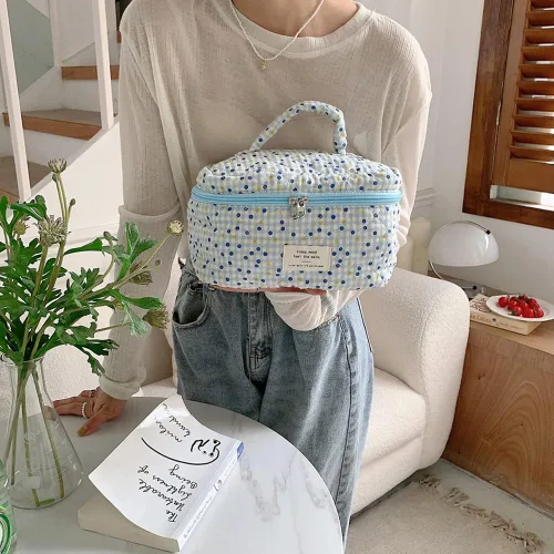 Miniatura 2 de Bolsa de cosméticos de viaje, bolsa de maquillaje de algodón, bolsa de aseo acolchada con hermoso patrón floral, bolsa de cosméticos de gran