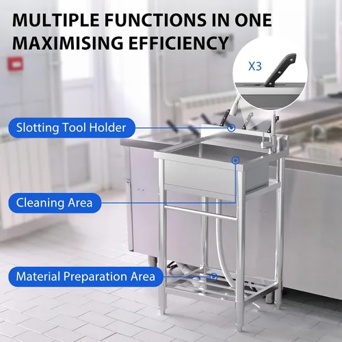 Miniatura 7 de Fregadero de cocina de acero inoxidable, fregadero utilitario de 24 x 20 x 41 pulgadas con grifo extraíble, grifo de agua caliente y fría, cuenco