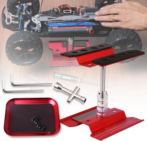 Miniatura 7 de Soporte de trabajo para auto a control remoto, estación de trabajo de reparación de aluminio, rotación de 360 grados, inferior con bandeja de Rojo