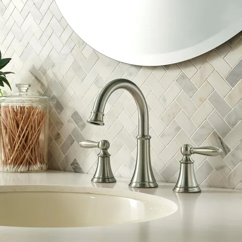 Miniatura 2 de Pfister Courant LF049COKK - Grifo de lavabo de baño de 8 pulgadas, 3 agujeros, 2 manijas, níquel cepillado, con drenaje a presión y sellado