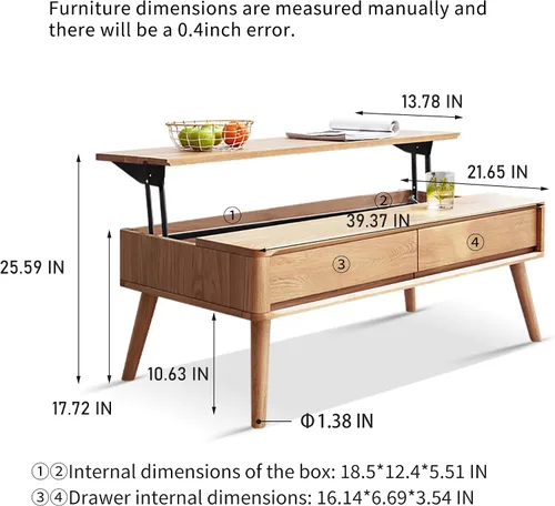 Miniatura 3 de Mesa auxiliar elevable con almacenamiento, mesa de centro elevadora de madera de roble 100% maciza, mesa de centro de madera de 39 pulgadas