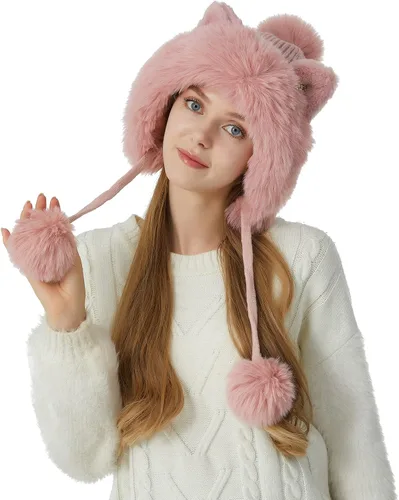 Miniatura 4 de HUAMULAN - Gorro de invierno para mujer estilo peruano con forro polar, solapas para orejas, doble capa, con pompones