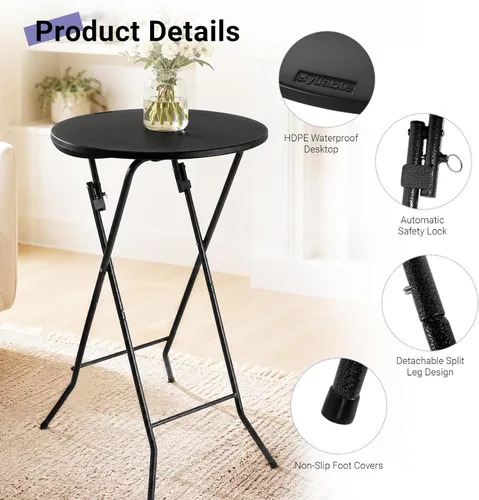 Miniatura 5 de Byliable 24in Round Cocktail Table, Bar Height High Top Foldable Bistro Table with Removable Legs, Portable Plastic Indoor Outdoor for Patio, Party