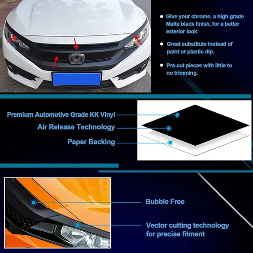 Miniatura 2 de x xotic tech Cubierta de vinilo precortada cromada para rejilla delantera, compatible con Honda Civic 10ª generación 2016-2021 (negro brillante)