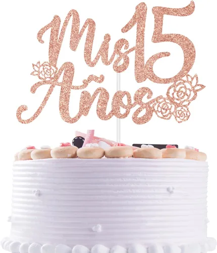 Decoración para tartas Mis 15 años con purpurina de oro rosa, feliz 15 años, feliz 15 años, decoración de fiesta de cumpleaños con temática de