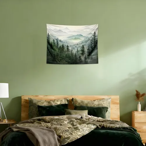 Miniatura 4 de QGHOT Tapiz de bosque brumoso, tapiz de montaña natural para colgar en la pared, paisaje de acuarela verde salvia, arte de pared para dormitorio