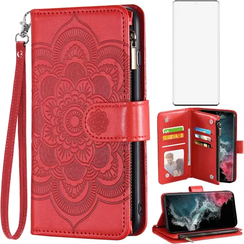 Asuwish Funda tipo cartera compatible con Samsung Galaxy S22 Ultra 5G y protector de pantalla de vidrio templado, soporte para tarjetas con tapa de