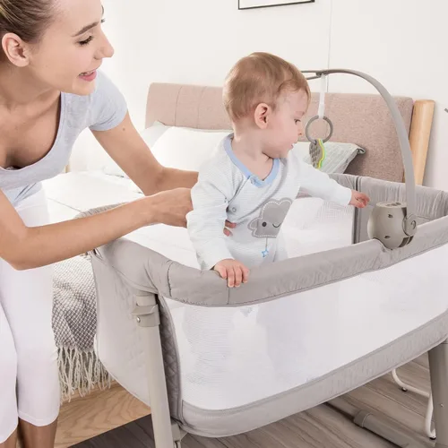 Miniatura 3 de RONBEI Cuna de bebé para el costado de la cama, con malla transpirable, cuna de moisés ajustables en altura para bebé/recién nacido/lactantes Gris