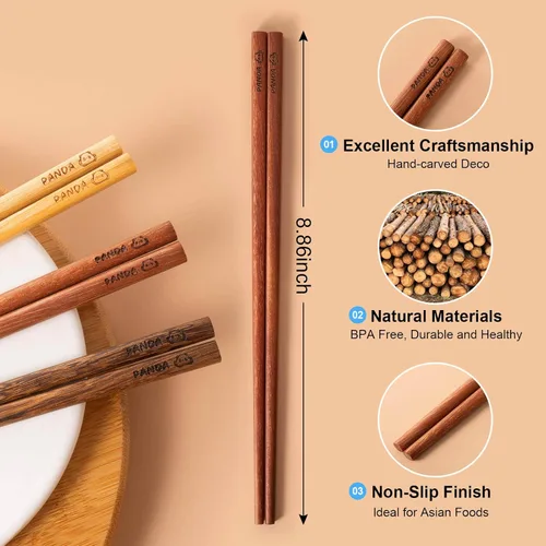 Miniatura 2 de MFJUNS Juego de 5 pares de palillos de madera, palillos reutilizables grabados con panda, palillos de palisandro/wengué/haya/madera de hierro, sin