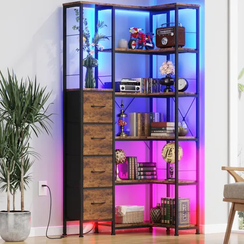Miniatura 9 de AFLUI - Estantería de esquina con tiras de luz LED y 4 cajones de tela, estante de esquina convertible de 5 niveles con estante de exhibición