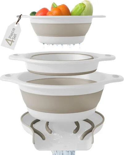 Miniatura 8 de Gevoli Coladores plegables (juego de 3) coladores de alimentos con base de drenaje de agua sobre el fregadero para pasta, frutas y verduras, Blanco