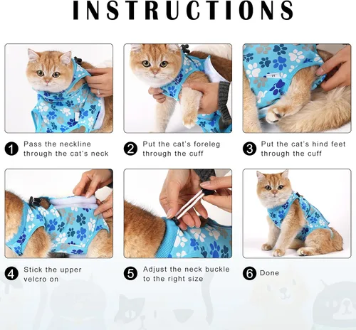 Miniatura 10 de Traje de recuperación para gatos: Traje de poscirugía azul suave para gatos con diseño de huella de pata - Traje de recuperación elástico
