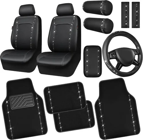 Miniatura 10 de CAR PASS Funda para Volante de Cuero Rosa con Diamantes de Imitación Brillantes, Piedras de Imitación Brillantes con Tachuelas Ajuste Universal 14