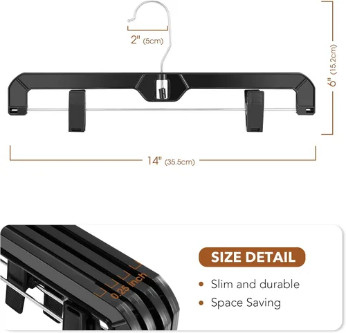 Miniatura 7 de HOUSE DAY Perchas negras para pantalones con clips, paquete de 12 perchas de plástico para falda para mujer, colgador de clip de 14 pulgadas