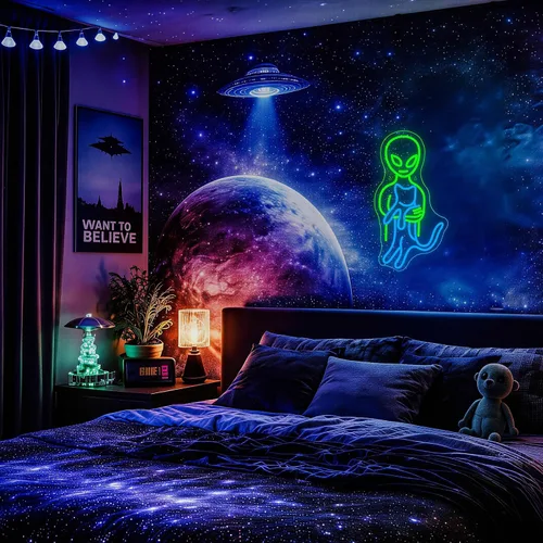 Miniatura 4 de Ineonlife Letreros de neón de alienígena verde, divertidos letreros de neón de gato alienígena para cueva de hombres, luz LED, decoración de arte