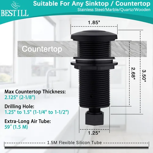 Miniatura 4 de BESTILL Botón de interruptor de aire de eliminación de basura en la parte superior del fregadero con manguera de aire de 5 pies, negro mate botón