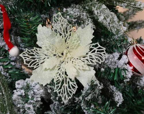 Miniatura 3 de Paquete de 12 flores de Pascua artificiales con purpurina para corona de Navidad, adornos de flores para árbol de Navidad, 6'' (16cm) de diámetro