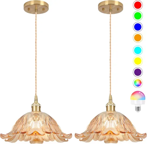 Miniatura 12 de Luces Colgantes para Isla de Cocina, Luz Colgante de Cristal Verde Accesorios de Iluminación Vintage, 9.4 pulgadas E26 Acabado Lámpara Colgante