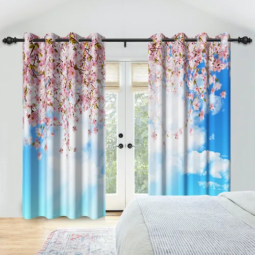 Miniatura 3 de Renaiss Cortinas de ventana con diseño de cerezo Fuji, tratamiento de ventana de cielo azul, flores rosas, cortinas opacas de privacidad para hombre