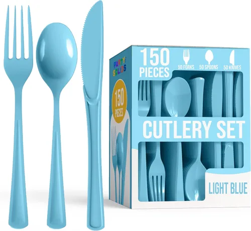 Party Solids Cubiertos de plástico azul claro, 150 piezas, color azul claro, desechables, juegos de utensilios resistentes, 50 de cada tenedor,