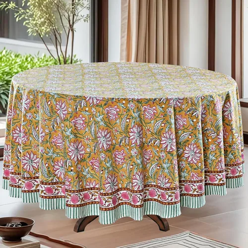 Miniatura 16 de Ridhi Mantel redondo de algodón reutilizable con estampado de bloque a mano, color verde espárragos, 60 pulgadas, mantel decorativo para uso diario