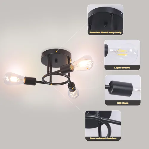 Miniatura 3 de Finktonglan Lámpara de techo semiempotrada de 3 luces, lámpara de techo Sputnik negro mate, lámpara moderna de granja E26 para cocina, dormitorio
