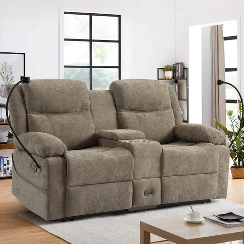 Sofá biplaza reclinable manual con soporte ajustable de 360°, almacenamiento de consola central con carga tipo C y USB, reposacabezas ajustable,