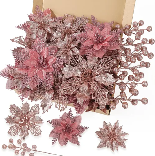 Miniatura 8 de N&T NIETING - Kit de 24 piezas de flores artificiales de Pascua y tallos con bayas y purpurina para Navidad, adornos florales para árbol de Navidad