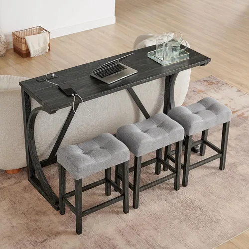 Miniatura 18 de Juego de mesa de bar industrial de 59" de 4 piezas con toma de corriente incorporada, mesa de sofá detrás del sofá con 3 taburetes tapizados
