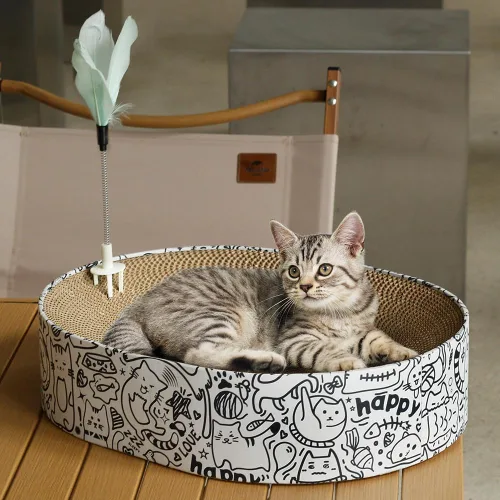 Miniatura 8 de Paquete de 6 almohadillas para arañazos para gatos con caja, rascador de cartón para gatos de interior, tabla de rascar reversible con cama