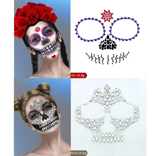Miniatura 3 de 4 juegos de joyas de cara de Halloween con purpurina y esqueleto de azúcar, gemas para festivales, cristales, tatuajes faciales, calcomanías, ojos