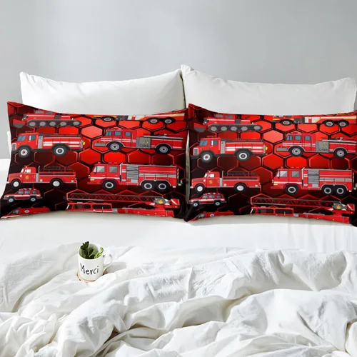 Miniatura 6 de Erosebridal Sábanas bajeras de camión de bomberos para niños, sábana bajera de panal de abejas de color rojo, tamaño individual, sábanas