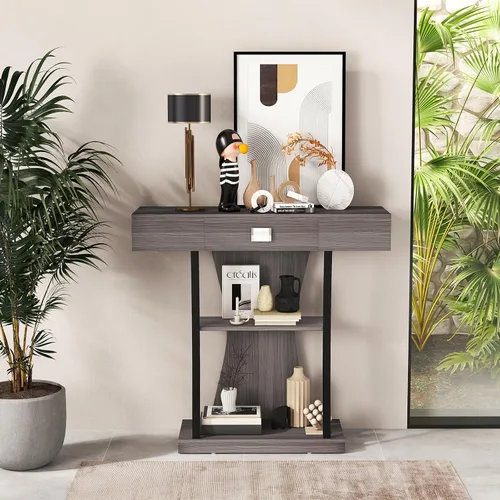 Miniatura 9 de Giantex Mesa consola estrecha en forma de T – Mesa para detrás del sofá con cajón, estantes, kits dobles antivuelcos, moderna mesa de vestíbulo