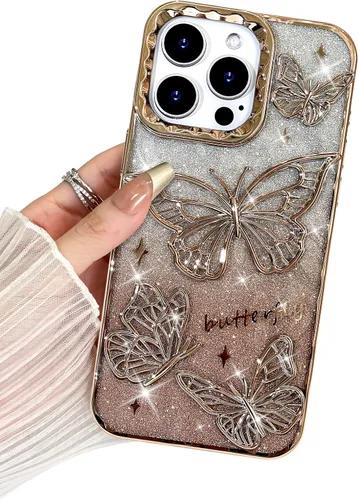 Miniatura 29 de BITOBE Diseñada para iPhone 15 Pro Max, bonita funda de mariposa 3D chapada en purpurina delgada para mujeres y niñas, protección de cámara, Negro