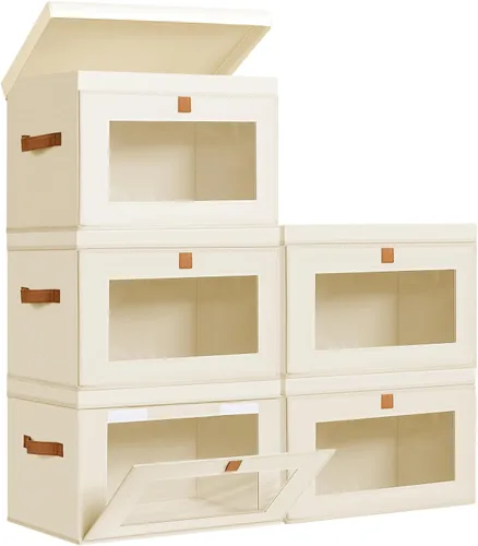 Miniatura 19 de DIMJ Contenedores de Almacenamiento con Tapas - Paquete de 4 Organizadores Grandes de Tela para Armario con Ventana y Asas, Cajas de Almacenamiento