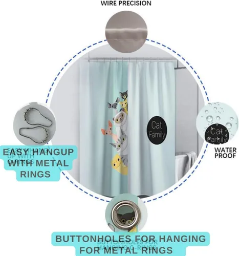 Miniatura 2 de Divertida cortina de ducha de gatos para niños, decoración de baño en poliéster con 12 ganchos de metal, cortina de ducha azul claro para niños, 78