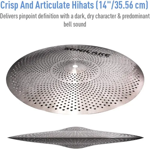Miniatura 3 de SONICAKE Paquete de platillos de bajo volumen Juego de platillos silenciosos 14" Hi-Hat + 16" Crash + 18" Crash + 20" Ride Juego de práctica