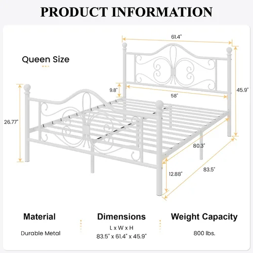 Miniatura 2 de SHA CERLIN - Marco de cama tamaño Queen con cabecera, marco de cama de metal con diseño de cabezal y pie de cama en forma de mariposa, no necesita