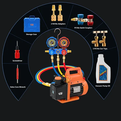 Miniatura 7 de VTG VOGTEN Bomba de Vacío AC de 4.5 CFM y Juego de Manómetros, para Mini Split, HVAC, Sistemas Automotrices, Kit de Manómetro Múltiple Compatible