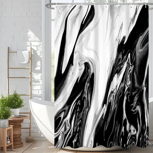 Miniatura 88 de Cortina de ducha abstracta de mármol negro gris y dorado con grietas, cortina de baño moderna ombre impresa, cortina impermeable y lavable de tela