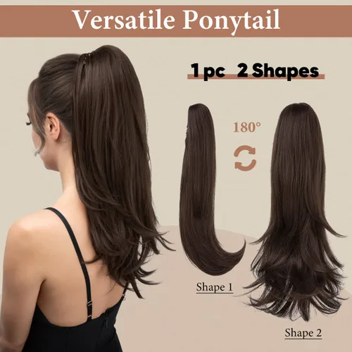 Miniatura 2 de Extensión de cola de caballo con clip, color marrón oscuro de 18 pulgadas, extensiones de cabello para mujer, cola de caballo larga y recta, cola