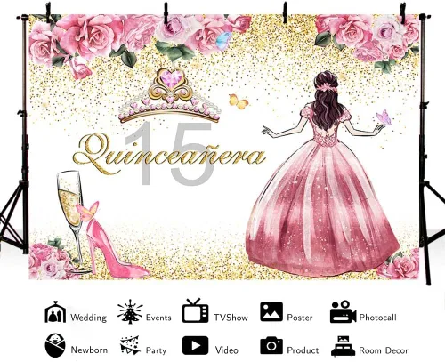 Miniatura 2 de AIBIIN Telón de fondo de quinceañera de 15 cumpleaños para niñas, fondo de fotografía rosa floral dorado con purpurina, corona de princesa, tacones