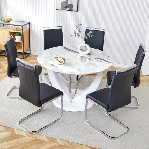 Miniatura 15 de Juego de mesa de comedor redonda de 48'' para 4, juego de mesa y sillas de cocina de mármol, conjunto de 4, mesa redonda con pata de MDF negro