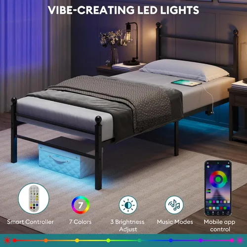 Miniatura 3 de Base de cama de tamaño individual con cabecero, cama de plataforma de metal con luces LED, estación de carga, almacenamiento debajo de la cama