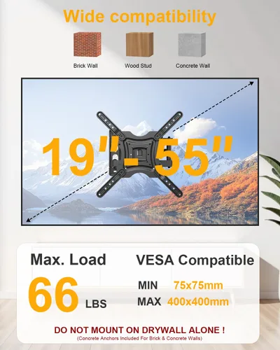 Miniatura 3 de XVCAS Vesa - Soporte de pared para TV de movimiento completo, soporte para TV de pantalla plana y curva LED de 19 a 55 pulgadas, soporte universal