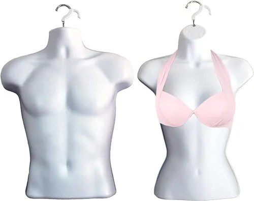 Miniatura 7 de Juego de torso de maniquí blanco para hombre y mujer, con forma de vestido con espalda hueca, con clips para ropa, soporte de metal para encimera